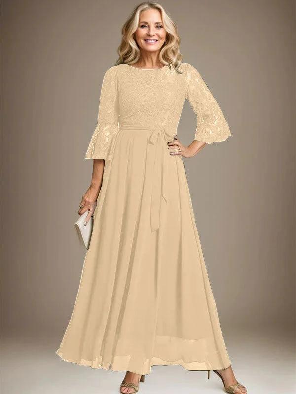 A-line Scoop Ankle-Length Lace Chiffon Mother of the Bride Dress With Bow by Dreamylily