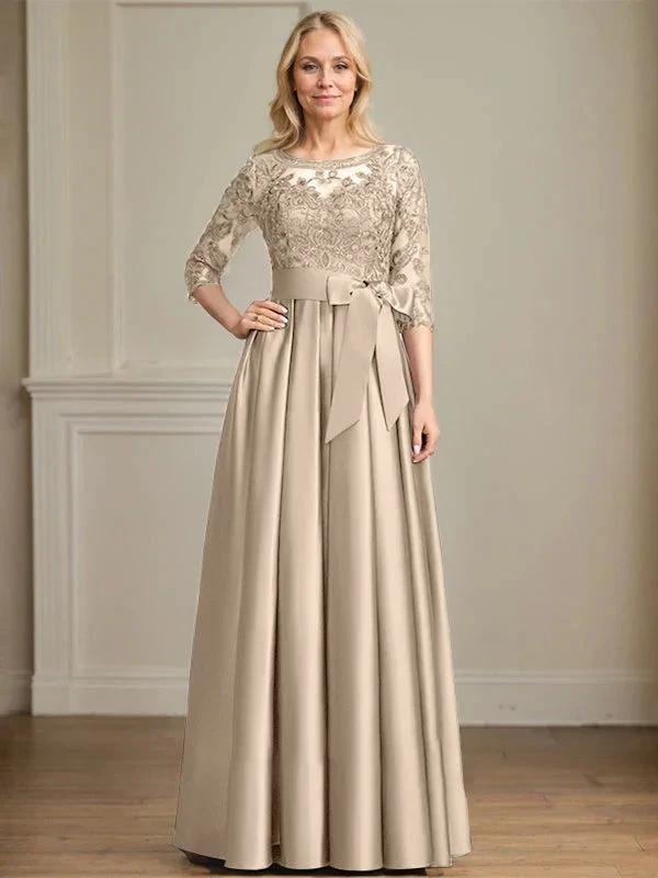 A-line Scoop Illusion Floor-Length Satin Lace Mother of the Bride Dress With Sequins Bow by Dreamylily