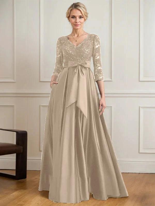 A-line V-Neck Floor-Length Satin Lace Mother of the Bride Dress With Sequins Bow by Dreamylily