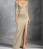 Sheath/Column Off-the-Shoulder Short Sleeves Floor-Length Mother of the Bride Dresses With Split Front by Dreamylily