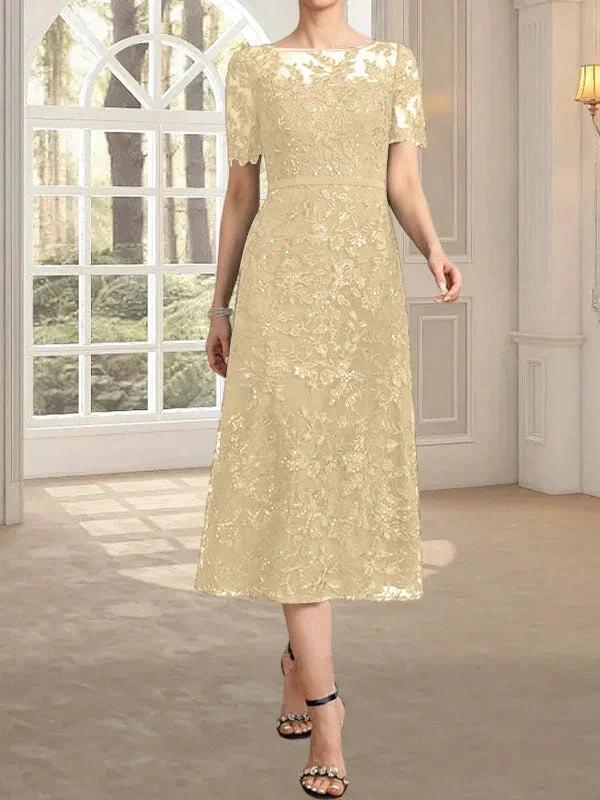 A-line Scoop Illusion Tea-Length Lace Mother of the Bride Dress With Sequins by Dreamylily