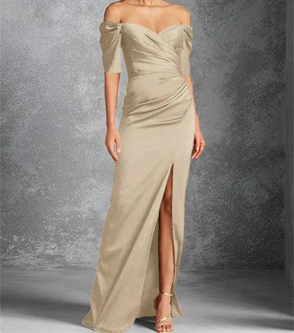 Sheath/Column Off-the-Shoulder Short Sleeves Floor-Length Mother of the Bride Dresses With Split Front by Dreamylily