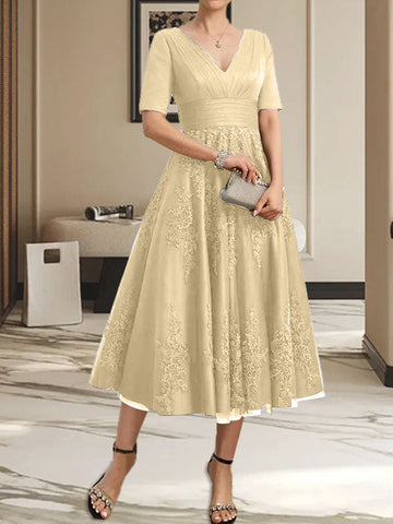 A-line V-Neck Tea-Length Tulle Lace Mother of the Bride Dress With Pleated