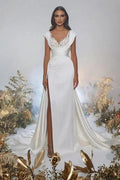 Charming A-Line Sweetheart Appliques Floor-Length Cap Sleeve Split Front Prom Dresses with Ruffles by misshow.com
