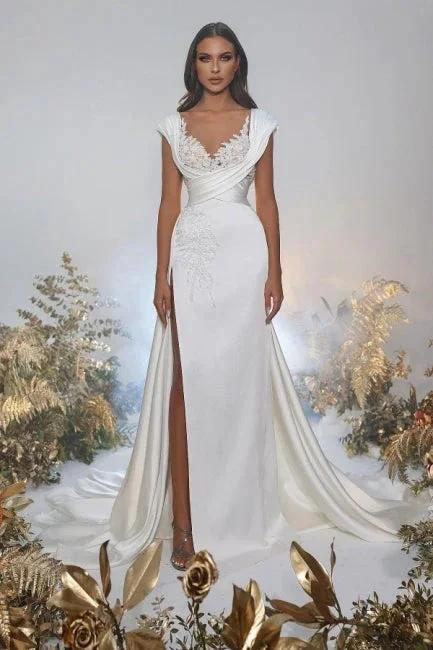 Charming A-Line Sweetheart Appliques Floor-Length Cap Sleeve Split Front Prom Dresses with Ruffles by misshow.com