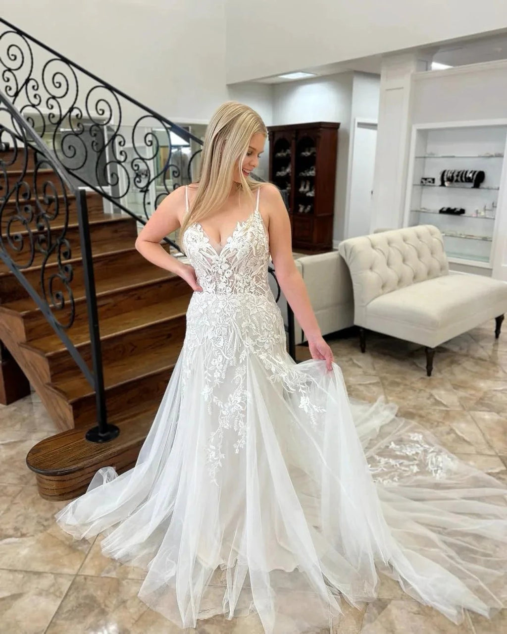 Charming A-line V-neck Sleeveless Appliques Lace Train Wedding Dress by misshow.com