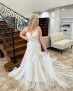 Charming A-line V-neck Sleeveless Appliques Lace Train Wedding Dress by misshow.com
