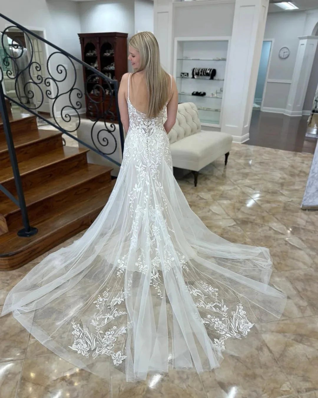 Charming A-line V-neck Sleeveless Appliques Lace Train Wedding Dress by misshow.com