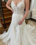 Charming A-line V-neck Sleeveless Appliques Lace Train Wedding Dress by misshow.com