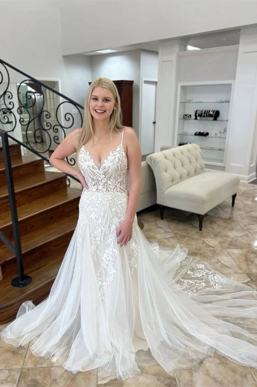 Charming A-line V-neck Sleeveless Appliques Lace Train Wedding Dress by misshow.com
