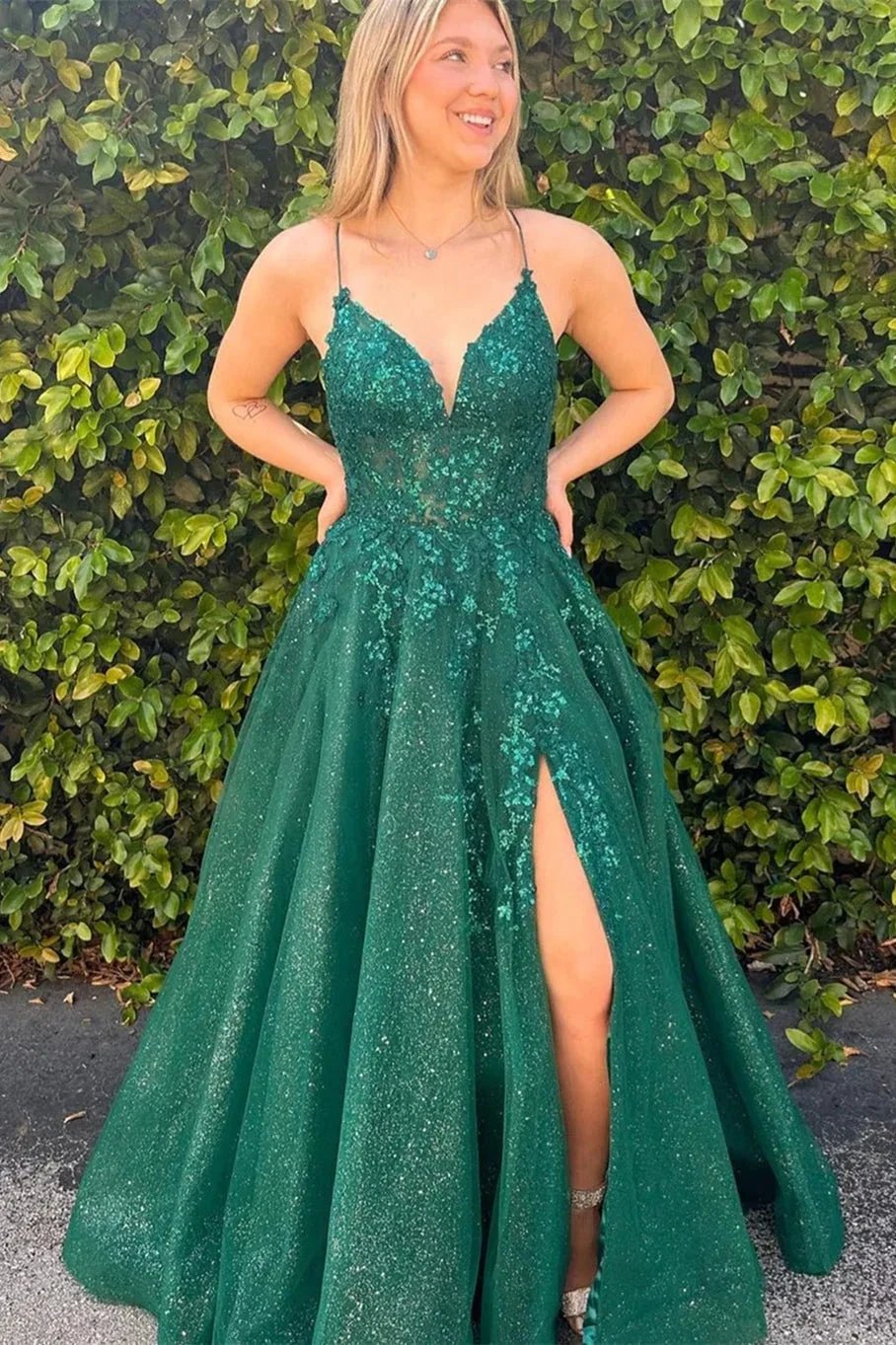 Charming A-line V-neck Sleeveless Ruffles Tulle Split Front Prom Dress by misshow.com