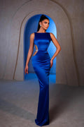 Charming Column Off-the-shoulder Sleeveless Satin Split Openback Blue Prom Dresses by misshow.com