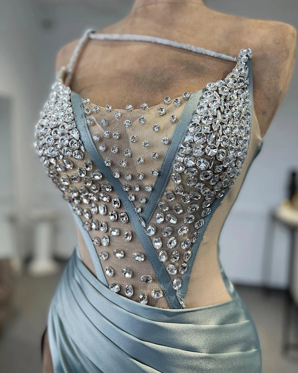 Charming Column One Shoulder Sleeveless Rhinestone Tulle Satin Split Front Prom Dress Beautiful Woman by misshow.com