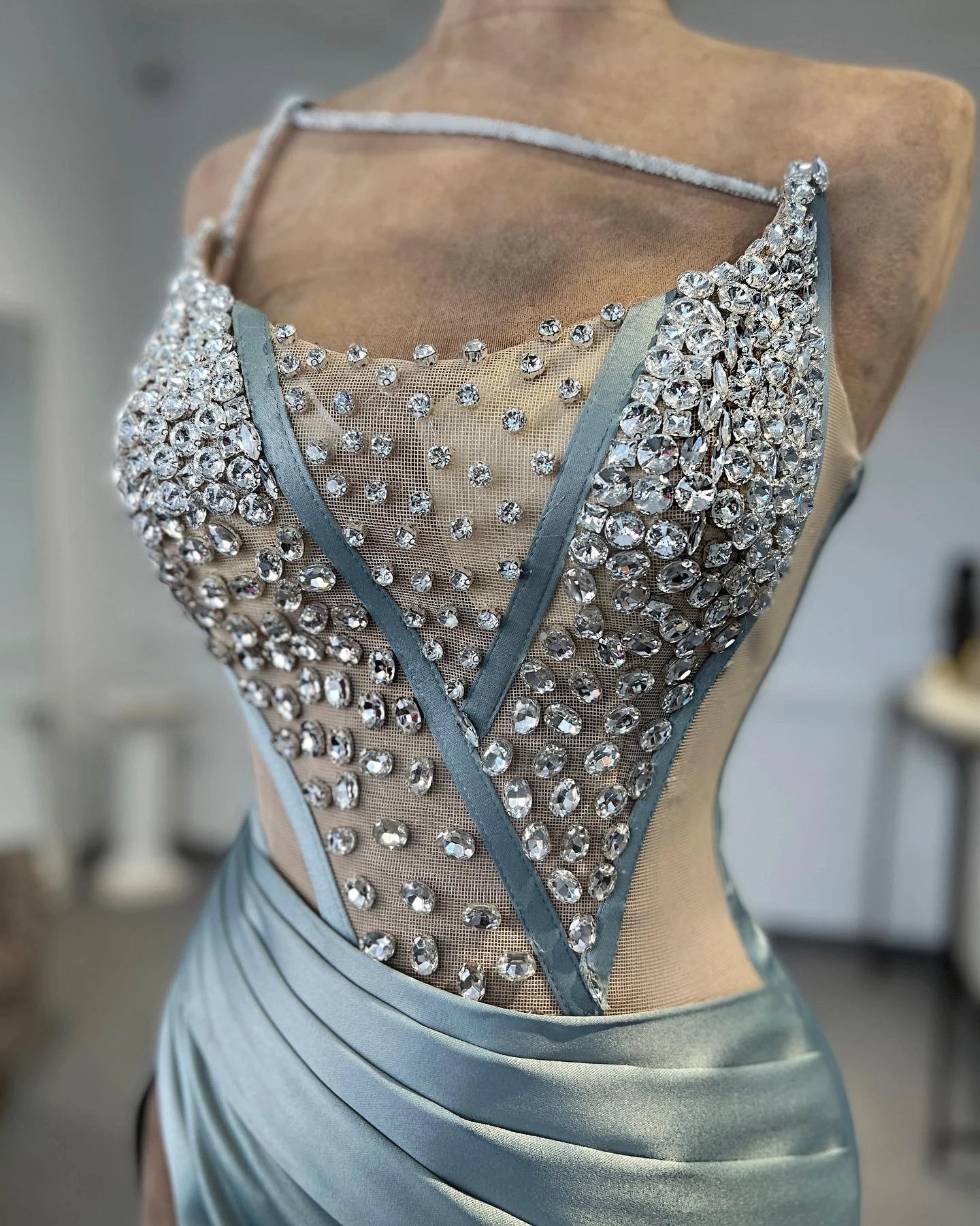 Charming Column One Shoulder Sleeveless Rhinestone Tulle Satin Split Front Prom Dress Beautiful Woman by misshow.com