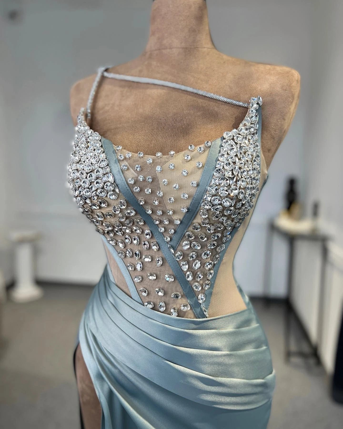 Charming Column One Shoulder Sleeveless Rhinestone Tulle Satin Split Front Prom Dress Beautiful Woman by misshow.com