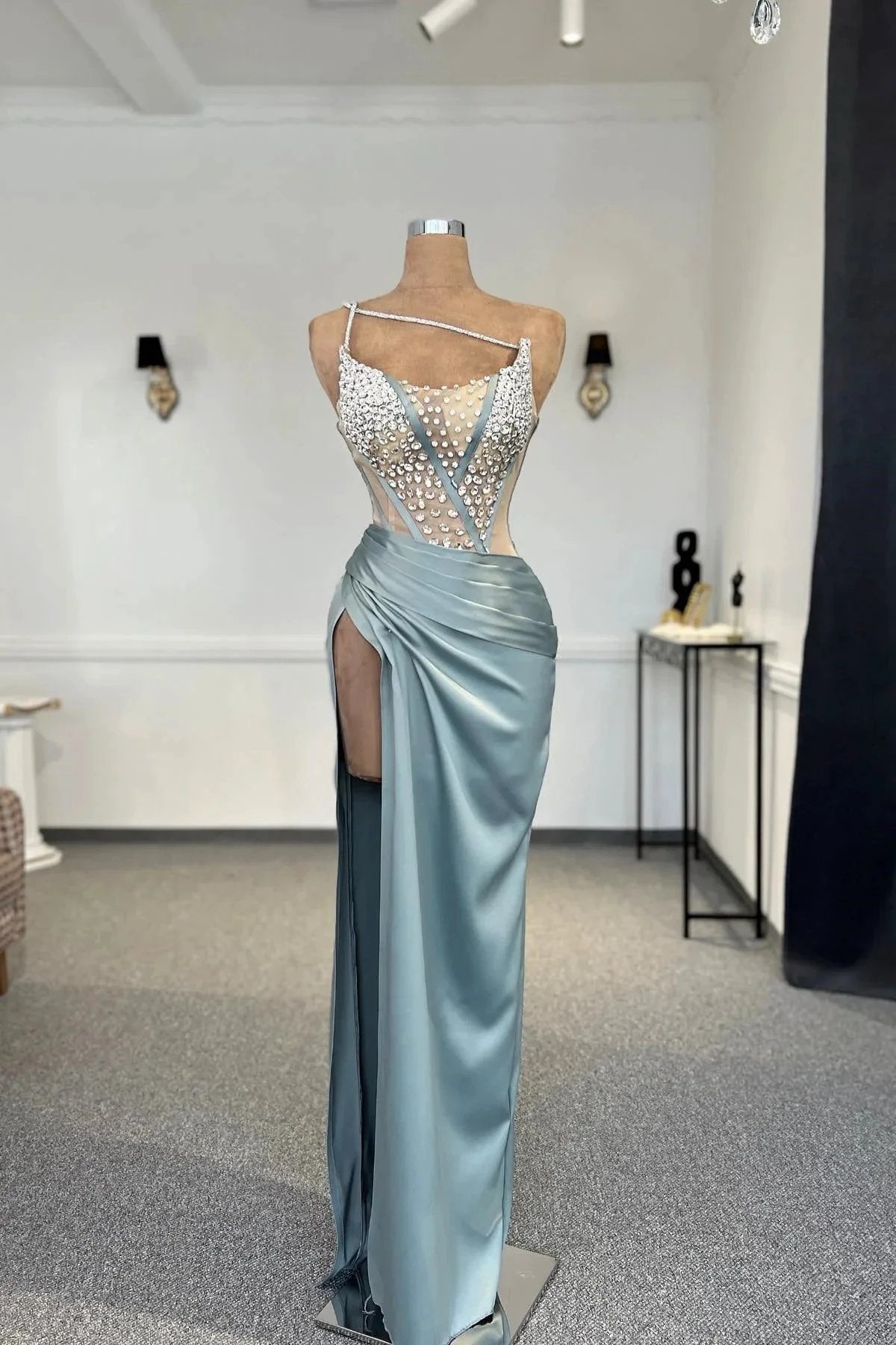 Charming Column One Shoulder Sleeveless Rhinestone Tulle Satin Split Front Prom Dress Beautiful Woman by misshow.com