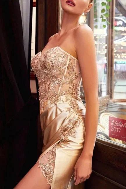 Charming Column Sleeveless Chain Sweetheart Floor-Length Appliques Split Front Prom Dresses with Lace by misshow.com