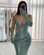Charming Column Spaghetti Straps Half Sleeve Ruffles Satin Prom Dresses by misshow.com