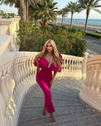 Charming Column V-neck Half Sleeve Ruffles Satin Prom Dresses Woman by misshow.com