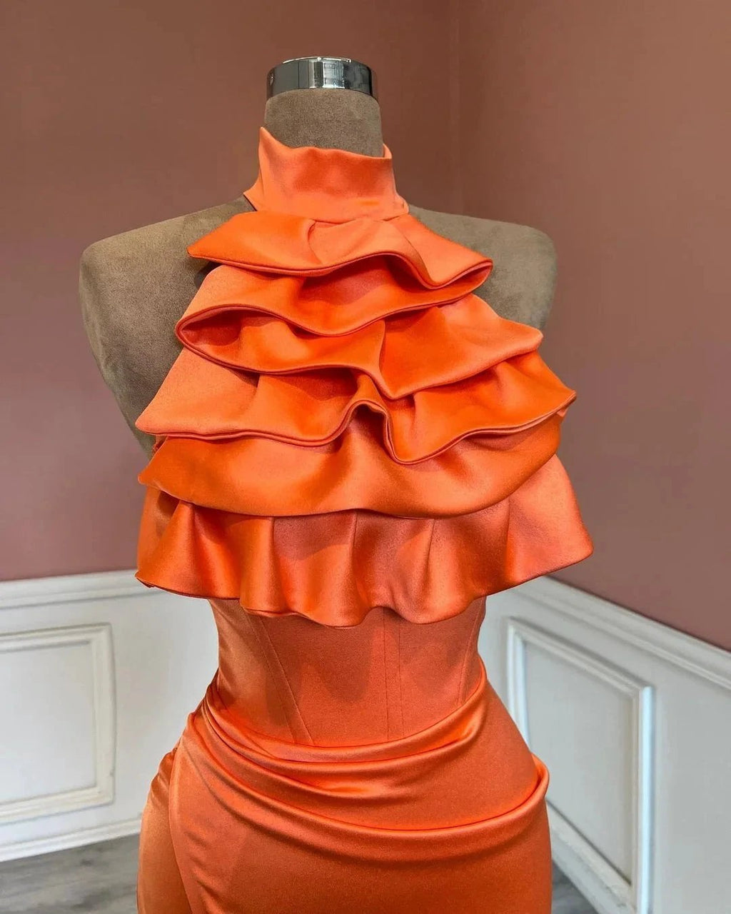 Charming High Neck Mermaid Stain Ruffles Prom Dress with Split by misshow.com