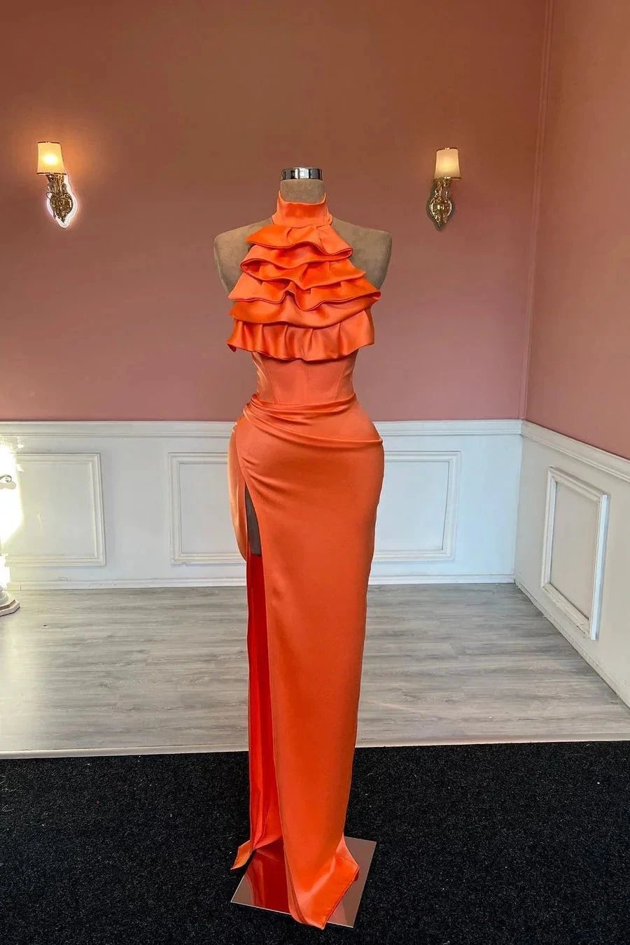 Charming High Neck Mermaid Stain Ruffles Prom Dress with Split by misshow.com