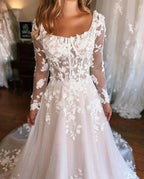 Charming Long A-line Appliques Long Sleeves Wedding Dress With Train by misshow.com