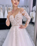 Charming Long A-line Tulle Appliques Wedding Dress With Long Sleeves by misshow.com
