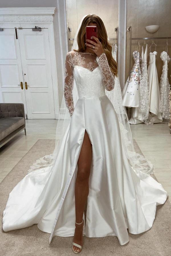 Charming Long A-line White Satin Split Wedding Dresses with Long Sleeves by misshow.com