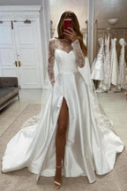 Charming Long A-line White Satin Split Wedding Dresses with Long Sleeves by misshow.com