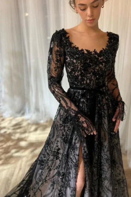 Charming Long Black A-line Lace Glitter Long Sleeves Wedding Dress with Slit