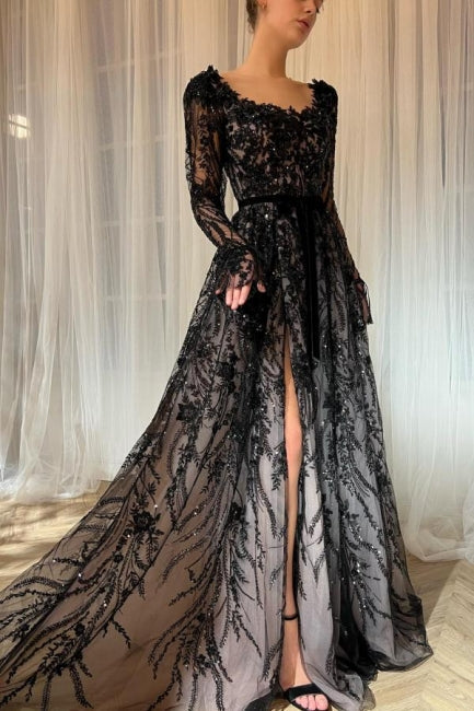 Charming Long Black A-line Lace Glitter Long Sleeves Wedding Dress with Slit Hover Image