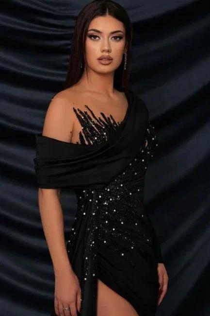 Charming Long Black Lace Beading Split Front Long Sleeve Prom Dress by misshow.com