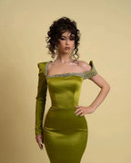 Charming Long Green Mermaid Long Sleeve Rhinestones Prom Dress With Slit by misshow.com
