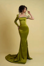 Charming Long Green Mermaid Long Sleeve Rhinestones Prom Dress With Slit by misshow.com