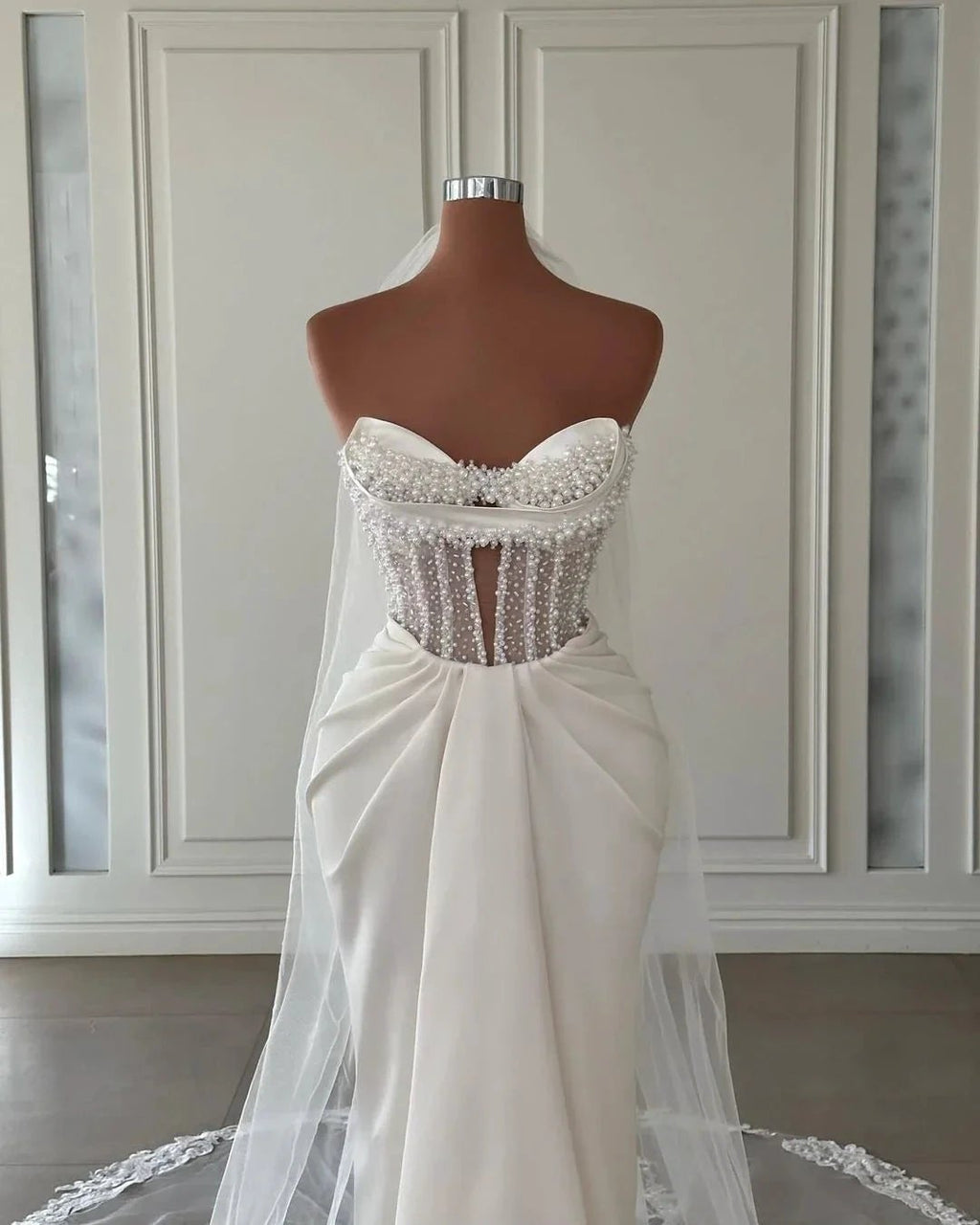 Charming Long Ivory Mermaid Sleeveless Satin Wedding Dress With Pearls by misshow.com