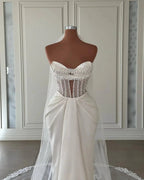 Charming Long Ivory Mermaid Sleeveless Satin Wedding Dress With Pearls by misshow.com