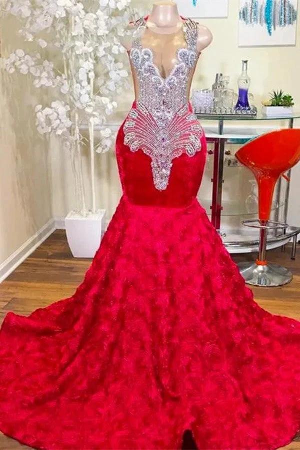 Charming Long Mermaid Jewel Satin Beading Prom Dress Red Formal Gowns by BIZTUNNEL