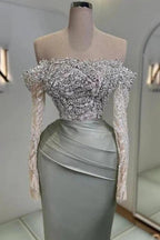 Charming Long Mermaid Off-the-shoulder Lace Glitter Prom Dress with Long Sleeves by misshow.com