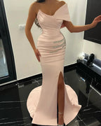Charming Long Mermaid One Shoulder Satin Rhinestones Prom Dress With Slit by misshow.com