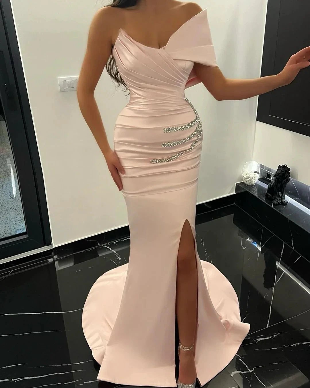 Charming Long Mermaid One Shoulder Satin Rhinestones Prom Dress With Slit by misshow.com
