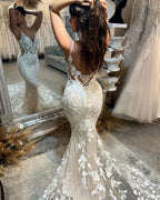 Charming Long Mermaid Spaghetti Straps Appliques V-neck Wedding Dress With Train by misshow.com