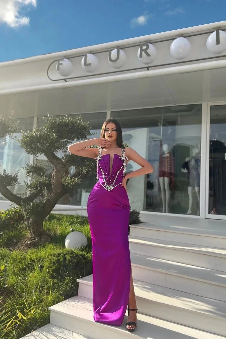 Charming Long Mermaid Straps Floor Length Rhinestones Prom Dress With Slit by misshow.com