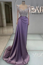 Charming Long Mermaid Sweetheart Satin Beads Formal Prom Dresses with Sleeves by BIZTUNNEL