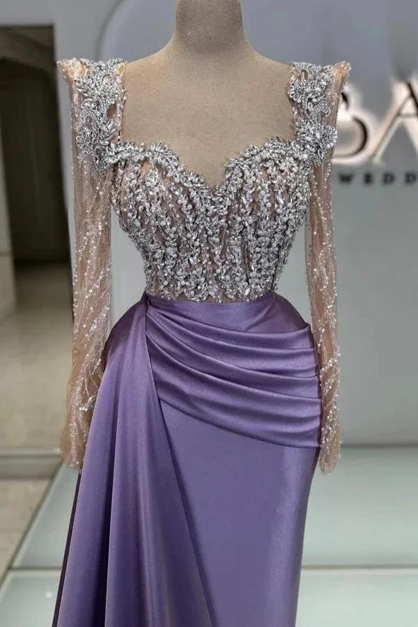 Charming Long Mermaid Sweetheart Satin Beads Formal Prom Dresses with Sleeves by BIZTUNNEL