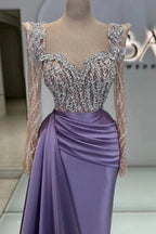 Charming Long Mermaid Sweetheart Satin Beads Formal Prom Dresses with Sleeves by BIZTUNNEL