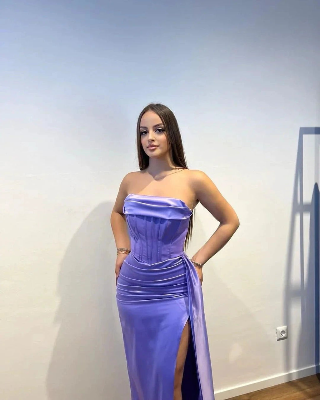 Charming Long Purple Strapless Satin Split Front Sleeveless Prom Dress With Ruffles by misshow.com