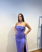 Charming Long Purple Strapless Satin Split Front Sleeveless Prom Dress With Ruffles by misshow.com