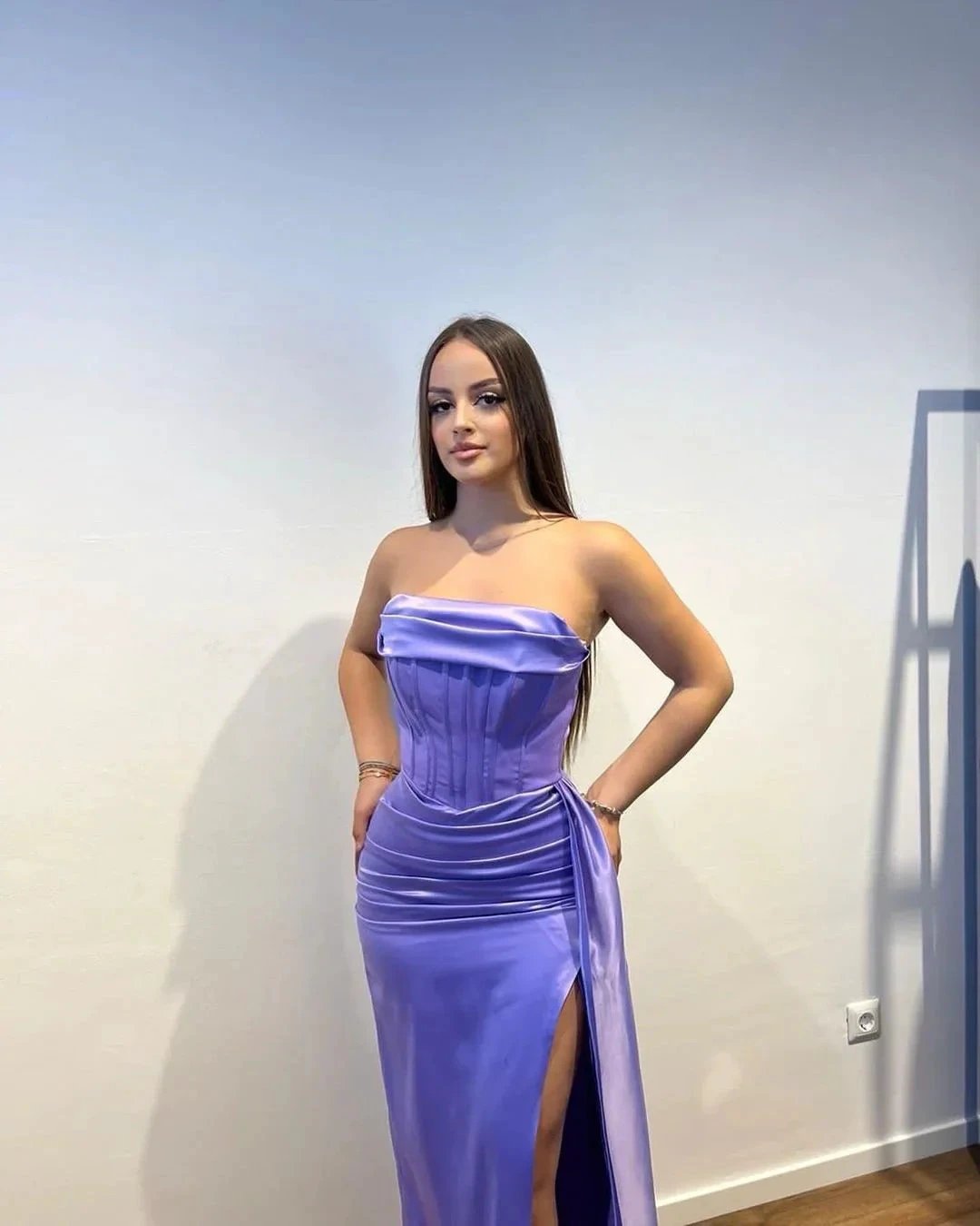 Charming Long Purple Strapless Satin Split Front Sleeveless Prom Dress With Ruffles by misshow.com