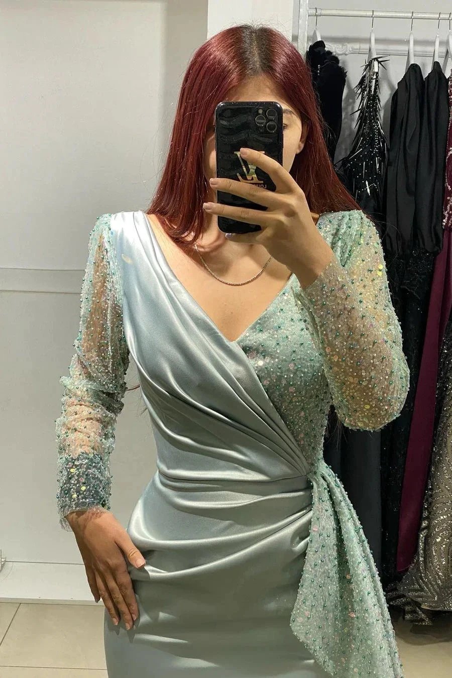 Charming Long V-Neck Long Sleeves Mermaid Prom Dress With Rhinestone by misshow.com