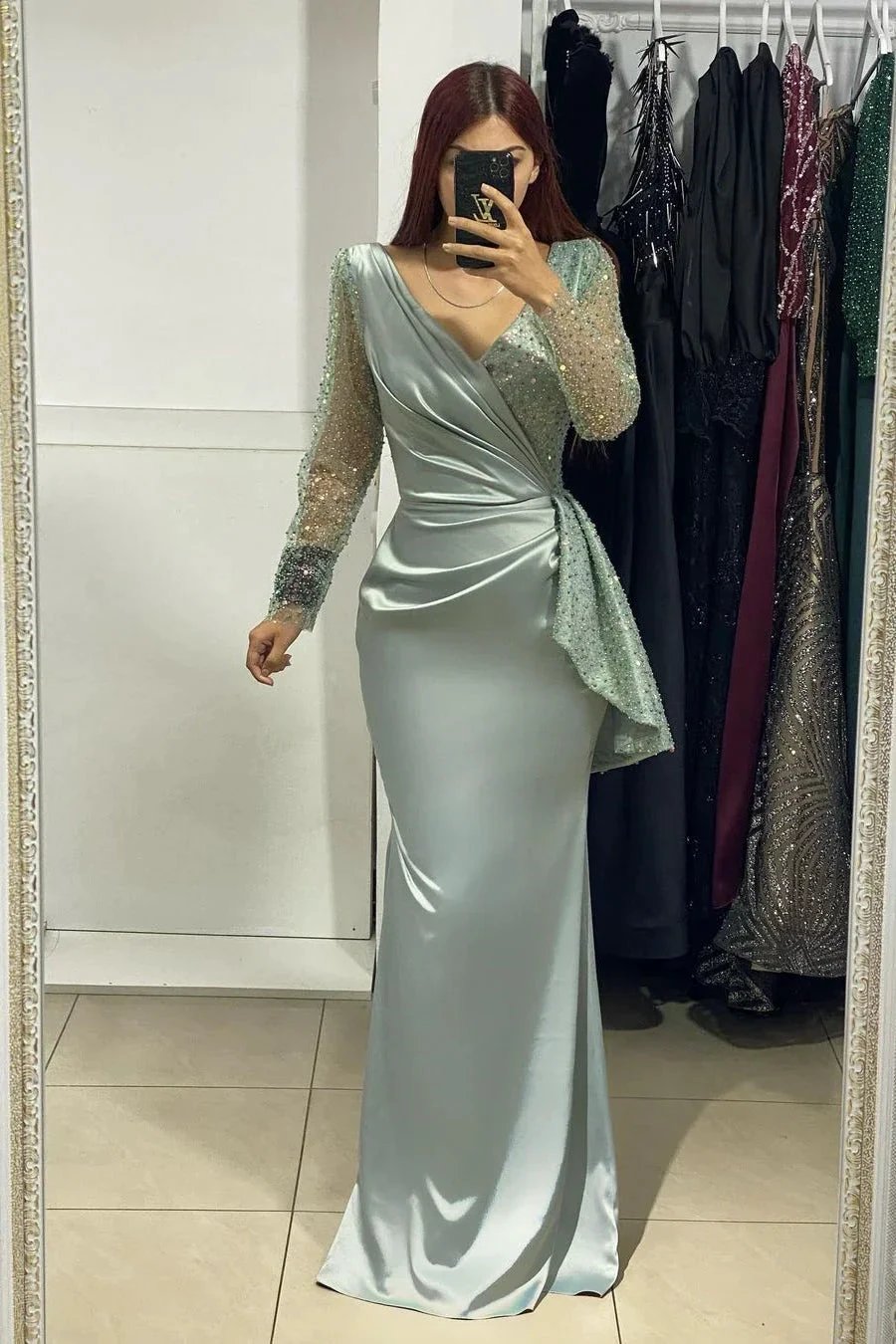 Charming Long V-Neck Long Sleeves Mermaid Prom Dress With Rhinestone by misshow.com